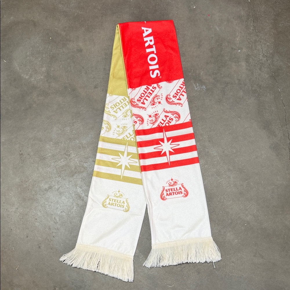 Stella Artois scarf red white gold fringe- NWOT: for World Cup 2026
